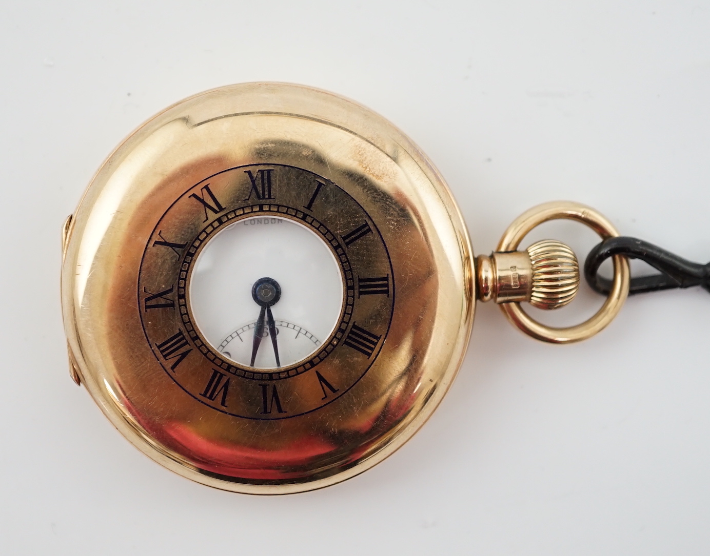 A George V 9ct gold J.W. Benson keyless lever half hunter pocket watch